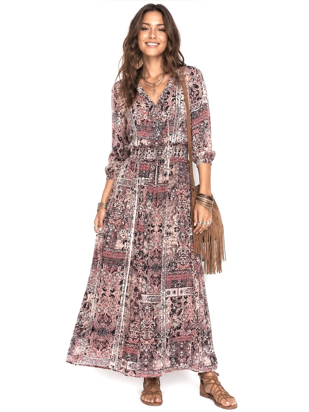 NEW BOSTON PROPER boho paisley blousons maxi flowy dress womens size 4 cottage